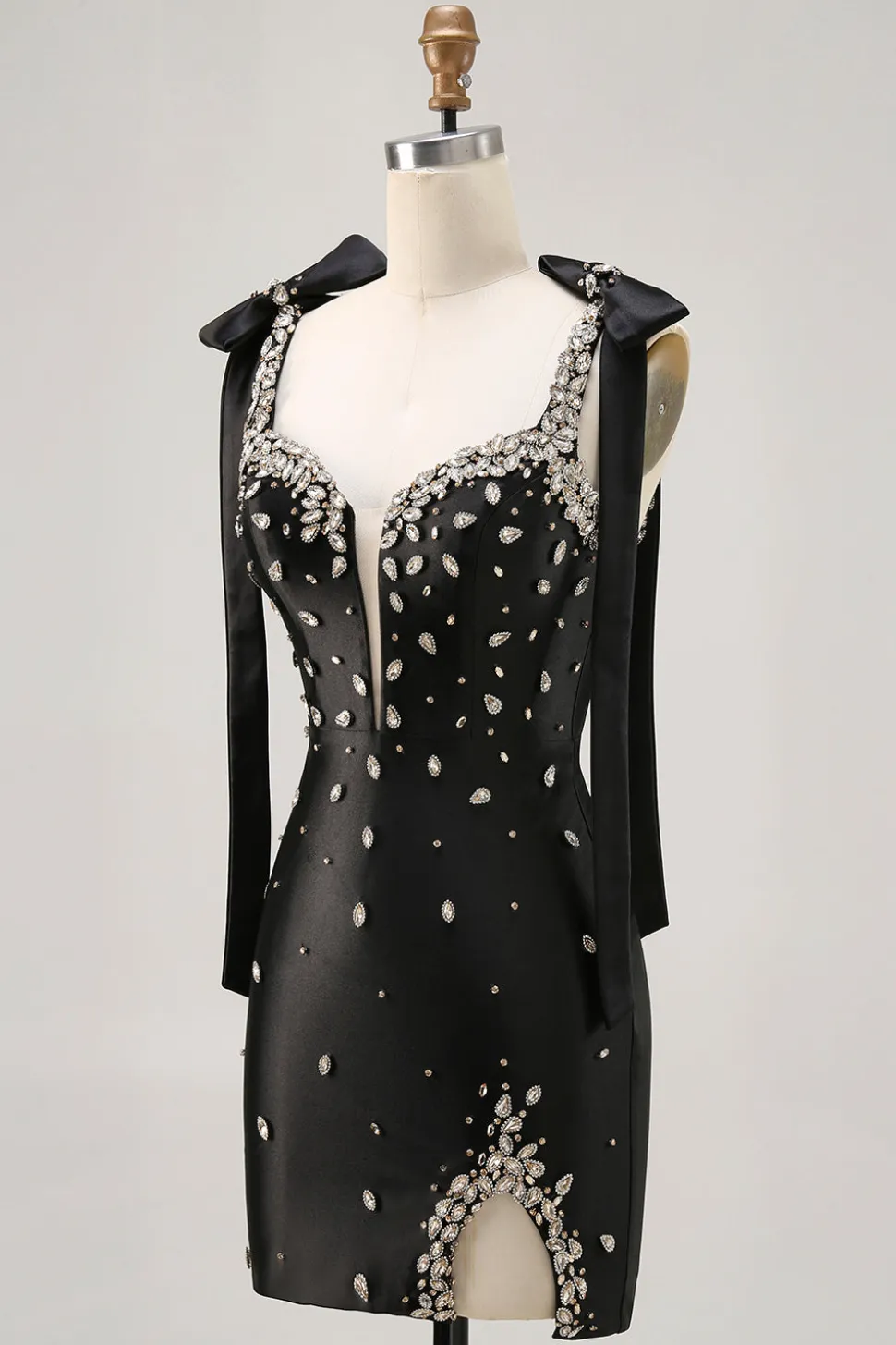 Sparkly Preto Tight Rhinestones Short Homecoming Dress com Fenda