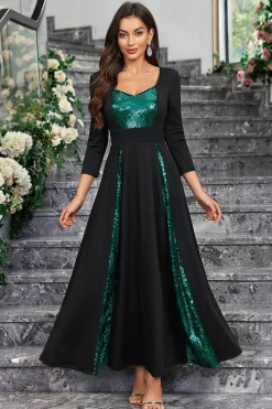 Sparkly preto verde sequined um vestido de baile de formatura linha com mangas compridas