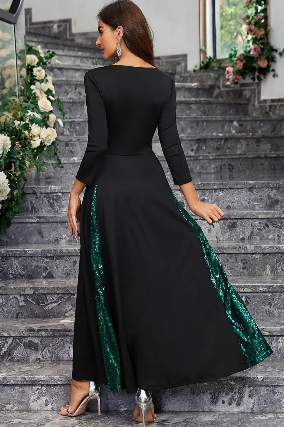 Sparkly preto verde sequined um vestido de baile de formatura linha com mangas compridas