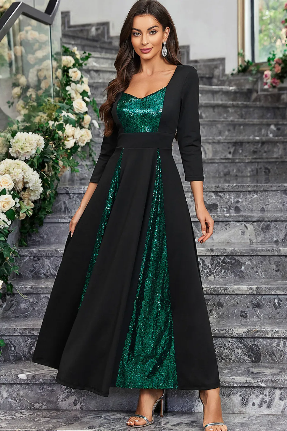 Sparkly preto verde sequined um vestido de baile de formatura linha com mangas compridas