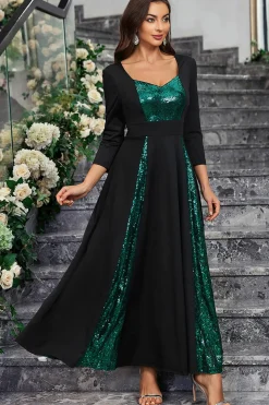 Sparkly preto verde sequined um vestido de baile de formatura linha com mangas compridas