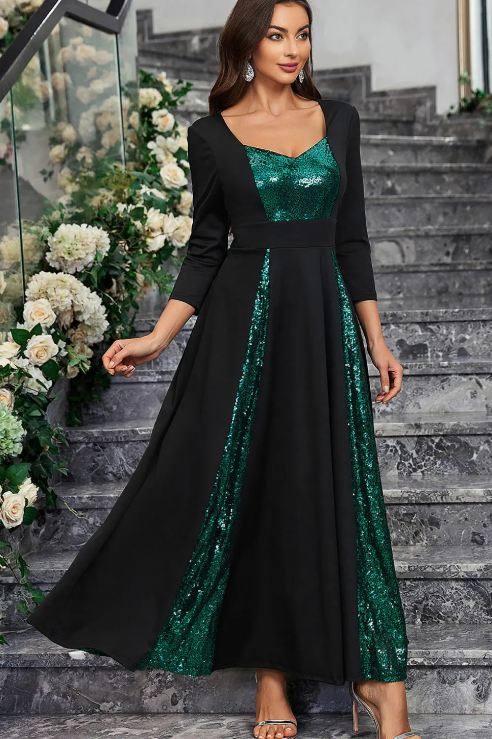 Sparkly preto verde sequined um vestido de baile de formatura linha com mangas compridas