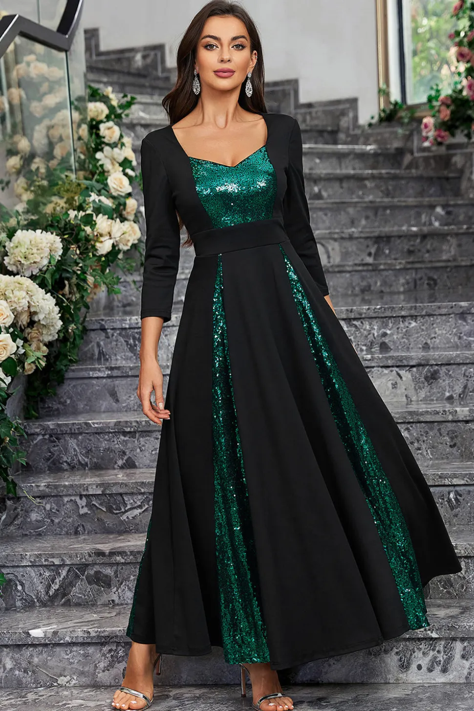 Sparkly preto verde sequined um vestido de baile de formatura linha com mangas compridas