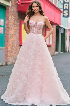Sparkly Princess Rosa Espartilho sem alças Vestido de baile longo floral com lantejoulas
