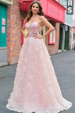 Sparkly Princess Rosa Espartilho sem alças Vestido de baile longo floral com lantejoulas
