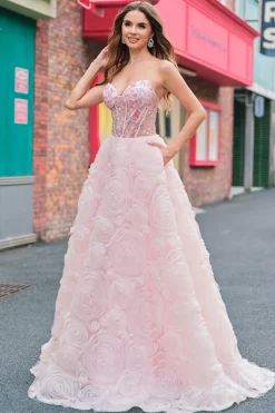 Sparkly Princess Rosa Espartilho sem alças Vestido de baile longo floral com lantejoulas