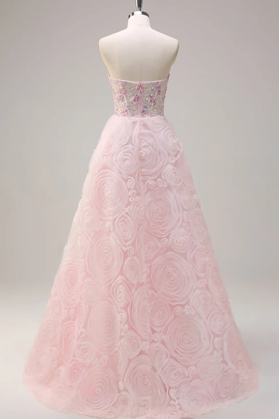 Sparkly Princess Rosa Espartilho sem alças Vestido de baile longo floral com lantejoulas