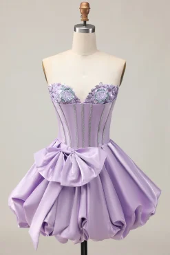 Sparkly Purple A-Line Strapless Sequins Vestido Curto Homecoming com Arco