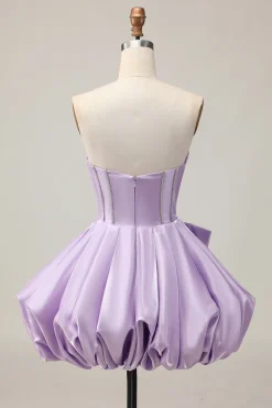 Sparkly Purple A-Line Strapless Sequins Vestido Curto Homecoming com Arco