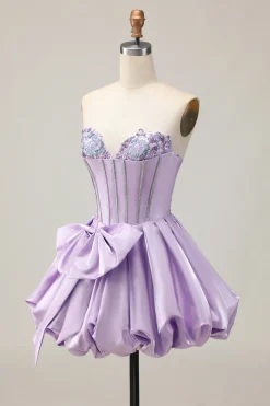 Sparkly Purple A-Line Strapless Sequins Vestido Curto Homecoming com Arco