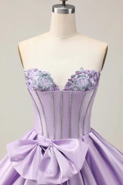 Sparkly Purple A-Line Strapless Sequins Vestido Curto Homecoming com Arco