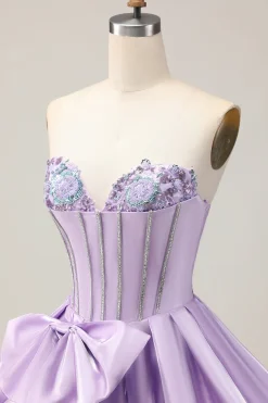 Sparkly Purple A-Line Strapless Sequins Vestido Curto Homecoming com Arco