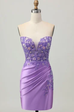 Sparkly Purple Bodycon Espartilho sem alças Ruched Sequins Short Homecoming Dress