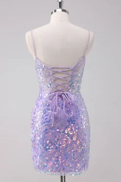 Sparkly Purple Bodycon Esparguete Correias Sequins Vestido Curto Homecoming