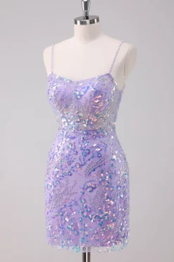 Sparkly Purple Bodycon Esparguete Correias Sequins Vestido Curto Homecoming