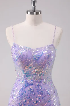 Sparkly Purple Bodycon Esparguete Correias Sequins Vestido Curto Homecoming
