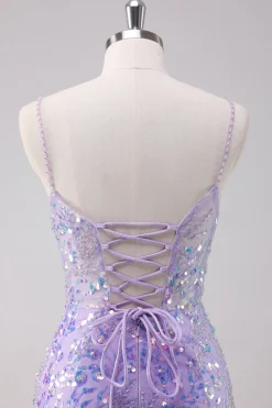 Sparkly Purple Bodycon Esparguete Correias Sequins Vestido Curto Homecoming