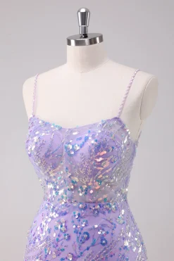 Sparkly Purple Bodycon Esparguete Correias Sequins Vestido Curto Homecoming