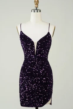 Sparkly Purple Sequins Backless Tight Short Homecoming Dress com fenda