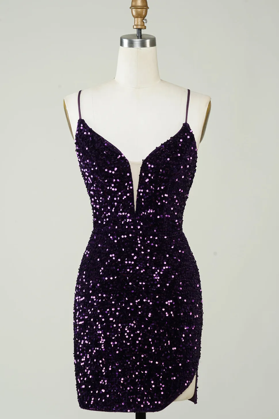 Sparkly Purple Sequins Backless Tight Short Homecoming Dress com fenda