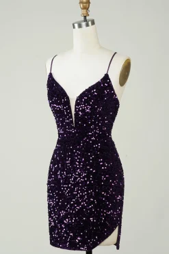 Sparkly Purple Sequins Backless Tight Short Homecoming Dress com fenda
