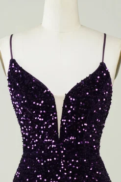 Sparkly Purple Sequins Backless Tight Short Homecoming Dress com fenda