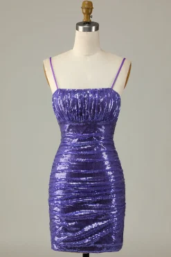 Sparkly Purple Sequins Espaghetti Correias Apertado Curto Homecoming Dress