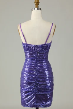 Sparkly Purple Sequins Espaghetti Correias Apertado Curto Homecoming Dress