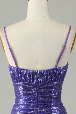 Sparkly Purple Sequins Espaghetti Correias Apertado Curto Homecoming Dress
