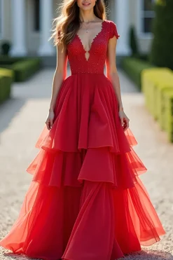 Sparkly Red A-Line Deep V Neck Ruffles Ball Gown com frisado