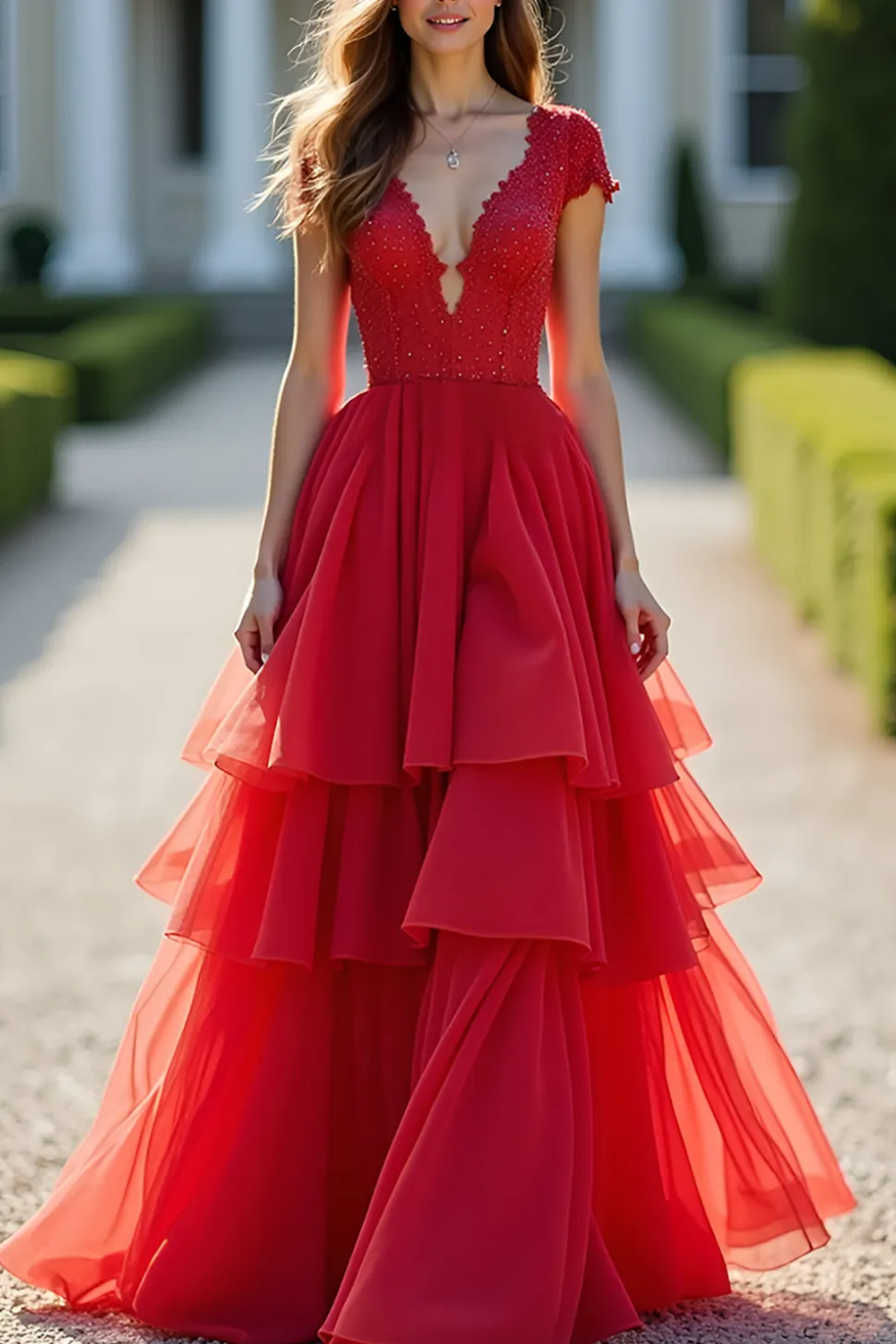 Sparkly Red A-Line Deep V Neck Ruffles Ball Gown com frisado