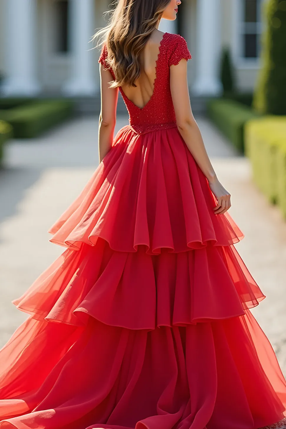Sparkly Red A-Line Deep V Neck Ruffles Ball Gown com frisado