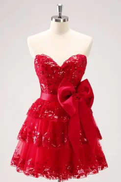 Sparkly Red A-Line Strapless Tiered Sequins Homecoming Dress com arco