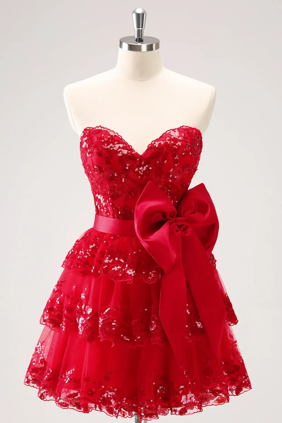 Sparkly Red A-Line Strapless Tiered Sequins Homecoming Dress com arco