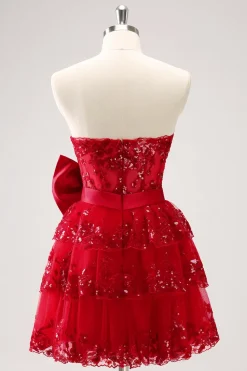 Sparkly Red A-Line Strapless Tiered Sequins Homecoming Dress com arco