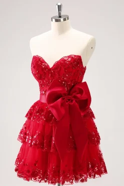 Sparkly Red A-Line Strapless Tiered Sequins Homecoming Dress com arco