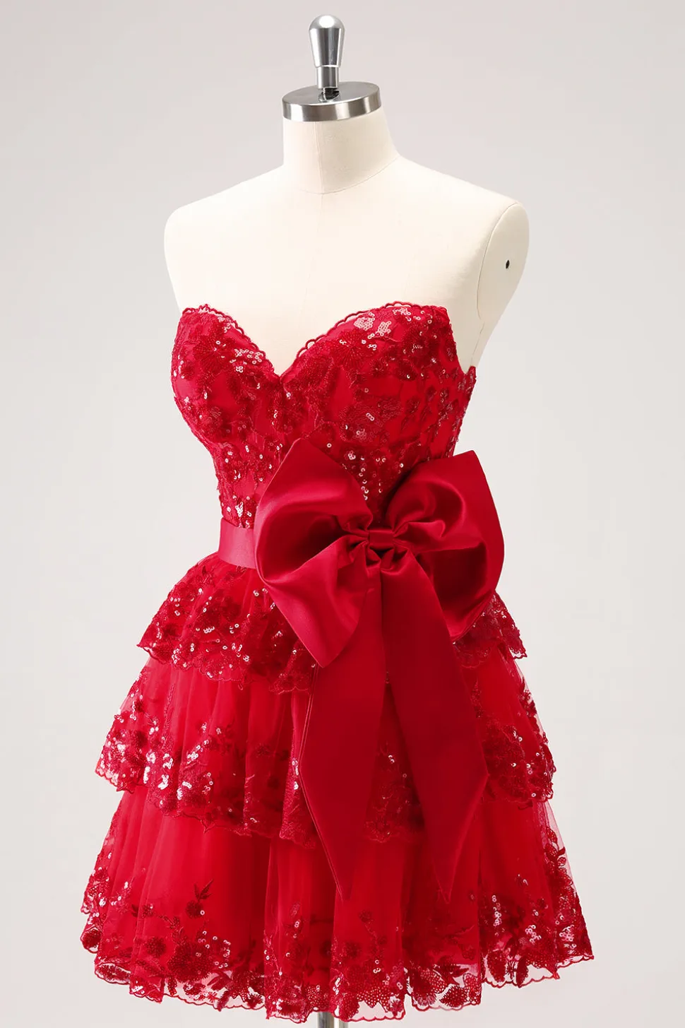 Sparkly Red A-Line Strapless Tiered Sequins Homecoming Dress com arco