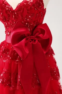 Sparkly Red A-Line Strapless Tiered Sequins Homecoming Dress com arco