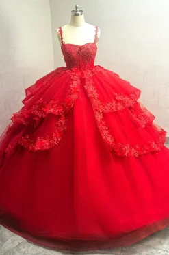 Sparkly Red Ball Gown Espaghetti Straps Beaded Quinceanera Dress with Appliques