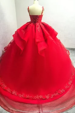 Sparkly Red Ball Gown Espaghetti Straps Beaded Quinceanera Dress with Appliques