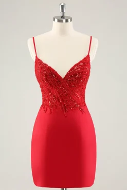 Sparkly Red Bodycon Esparguete Correias Homecoming Dress com Sequins