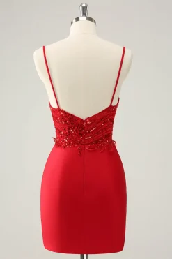 Sparkly Red Bodycon Esparguete Correias Homecoming Dress com Sequins
