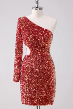Sparkly Red One Shoulder Tight Short Homecoming Dress com Hollow out