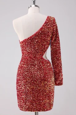 Sparkly Red One Shoulder Tight Short Homecoming Dress com Hollow out