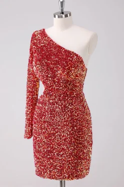 Sparkly Red One Shoulder Tight Short Homecoming Dress com Hollow out
