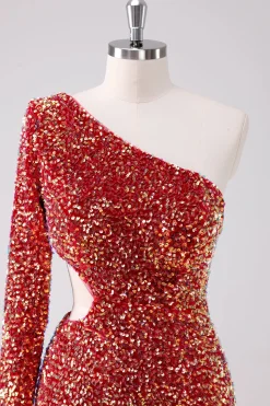 Sparkly Red One Shoulder Tight Short Homecoming Dress com Hollow out