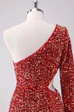 Sparkly Red One Shoulder Tight Short Homecoming Dress com Hollow out