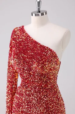 Sparkly Red One Shoulder Tight Short Homecoming Dress com Hollow out