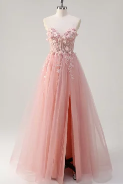 Sparkly Rosa A-Line Strapless Flores Corset Tule Long Prom Dress com Fenda