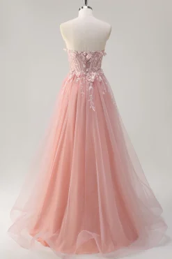 Sparkly Rosa A-Line Strapless Flores Corset Tule Long Prom Dress com Fenda
